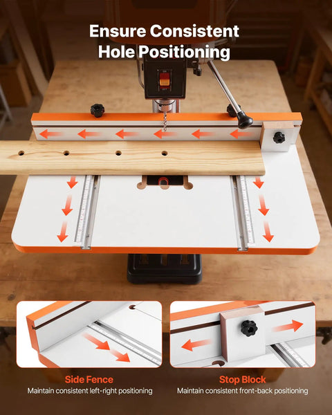 Rock Solid Drill Press Table With Adjustable Fence And Wide T Slots For Locking Down Projects Dead Nuts Precise MDF worktop showing side fence and stop block.