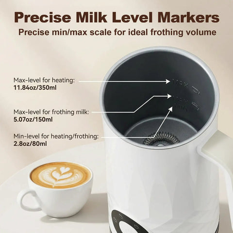 Interior view of 4 In 1 Milk Frother And Warmer For Latte Cappuccino And More Auto Hot And Cold Foam Maker 11.8oz with milk level markers.