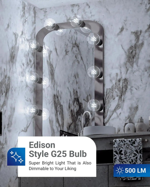 G25 LED Globe Filament Bulbs Dimmable Edison Vanity Light in a bathroom mirror, 3000K Warm White, 500 Lumens, clear vintage glass.