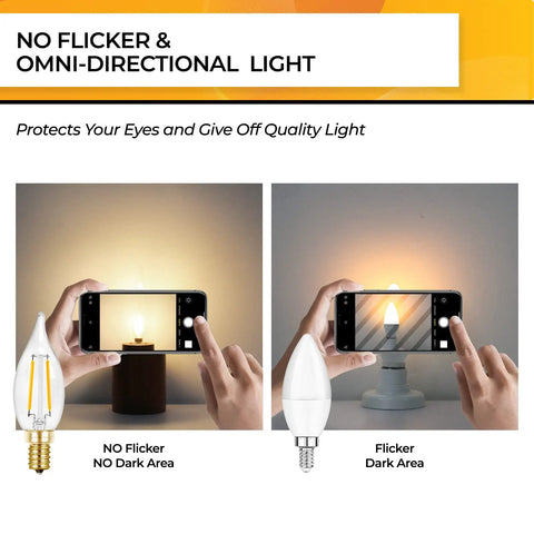 Comparison of 25 Watt E12 LED Candle Bulbs Dimmable 2700K Soft Warm White CA10 Flame Tip, showing no flicker feature using phone camera.