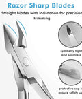 Pro Grade Cuticle Trimmer With Pusher And Cutter showing razor sharp blades, premium stainless steel, precision jaw design.