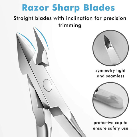 Pro Grade Cuticle Trimmer With Pusher And Cutter showing razor sharp blades, premium stainless steel, precision jaw design.