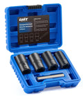 One Half Inch Drive Nut And Bolt Extractor Set With Twist Sockets For Stripped Lug Nuts And Rounded Bolts, Five Piece Kit Includes 17mm, 19mm, 21mm, 22mm Sizes And Center Punch Bar, Great Auto Repair Tool Kit For Quick No Fuss Removal in blue case