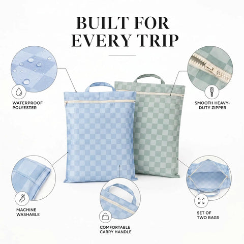 Two Pack Large Wet Dry Bags For Swimwear And Laundry, Waterproof Travel Organizer keeps wet and dry clothes fully separated, checkered design