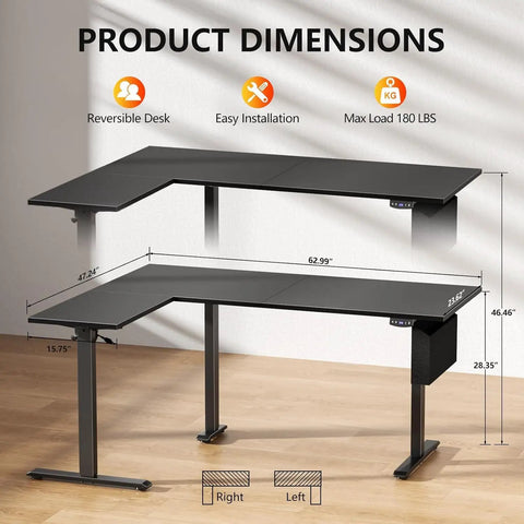 Product dimensions of L Shaped Electric Standing Desk With Memory Presets 63 Inch Corner Sit To Stand Desk Adjustable Height