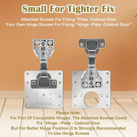 Front view of 20-Piece Upgraded Cabinet Hinge Repair Plate Kit with heavy-duty stainless steel plates and screws on display