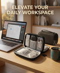 Waterproof Travel Cable Organizer Pouch With Double Layer Storage For Cords Chargers Phones And Earphones on desk with laptop and coffee