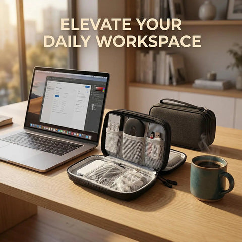 Waterproof Travel Cable Organizer Pouch With Double Layer Storage For Cords Chargers Phones And Earphones on desk with laptop and coffee