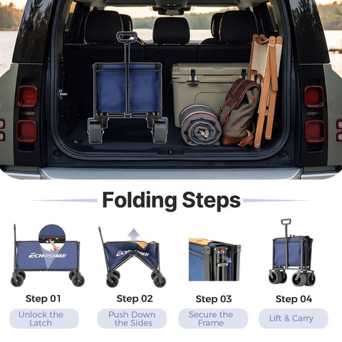 Heavy Duty Collapsible All Terrain Wagon Cart With 400 Lb Capacity And Wide 9cm Wheels With 360 Degree Swivel Front folded in car trunk