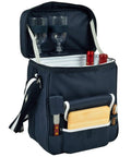 Top Tier Handcrafted Monogrammed Wine And Cheese Picnic Basket Cooler With Hardwood Board and cheese knife, designed for outdoor use.