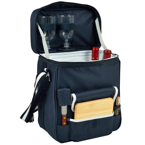 Top Tier Handcrafted Monogrammed Wine And Cheese Picnic Basket Cooler With Hardwood Board and cheese knife, designed for outdoor use.