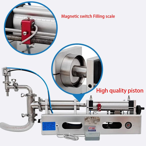 Heavy Duty Horizontal Pneumatic Liquid Filling Machine Automatic Single Head Bottle Filler with magnetic switch and high quality piston.