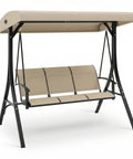 Three Seat Outdoor Patio Swing Chair With Adjustable Canopy And Armrests Breathable Textilene Seat And Back Comfortable Swing Bench Beige