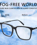 Montblanc black eyeglasses with fogged lenses on an icy blue background; before/after fog demonstration