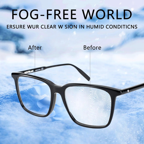 Montblanc black eyeglasses with fogged lenses on an icy blue background; before/after fog demonstration