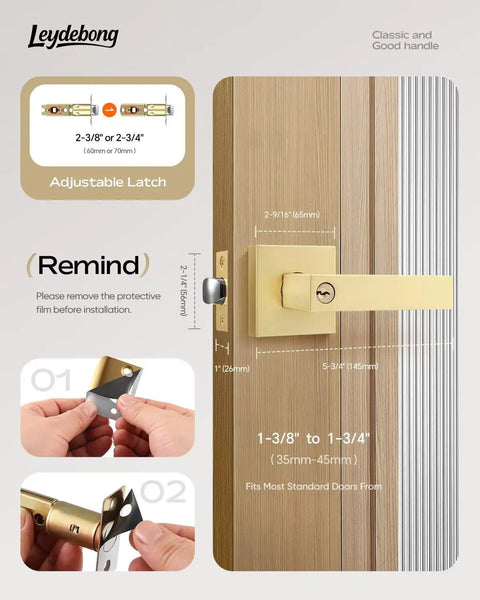 Gold finish lever from 5 Pack Keyed Alike Exterior Door Levers With Lock In Gold Finish, adjustable latch display.