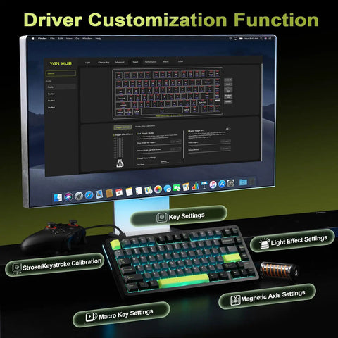 Driver customization interface showing settings for Certified Badass Hall Effect Magnetic Gaming Keyboard featuring Rapid Trigger Mode and 8KHz polling rate.