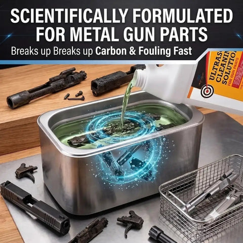 Slap It In Your Tank For A Spotless Finish With This Heavy Duty Ultrasonic Gun Cleaner Solution Concentrate For Metal Firearms Carbon Removal And Tool Degreasing One Gallon, pouring into ultrasonic bath with gun parts.