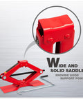 Close-up of red Heavy Duty Steel Scissor Lift Jack 1.5 Ton Car Kit with wide saddle and handle, ideal for vehicle trunk storage.