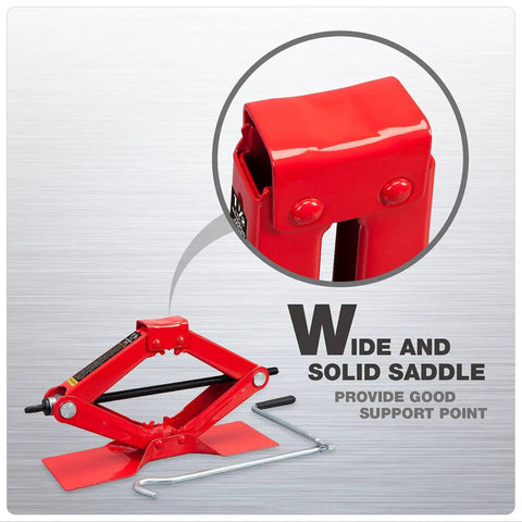 Close-up of red Heavy Duty Steel Scissor Lift Jack 1.5 Ton Car Kit with wide saddle and handle, ideal for vehicle trunk storage.