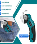 Cordless Electric Scissors With Slick Design And Heavy Duty Motor For Zero Sweat Cardboard Cutting Fabric Trimming Leather Cutting And Plastic Snipping That Gets The Job Done Without Any Fuss in pocket showcasing its compact size.