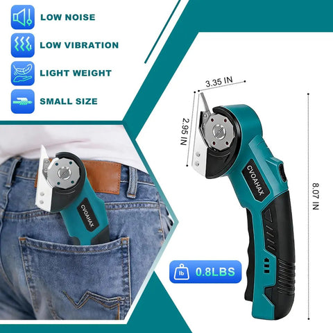 Cordless Electric Scissors With Slick Design And Heavy Duty Motor For Zero Sweat Cardboard Cutting Fabric Trimming Leather Cutting And Plastic Snipping That Gets The Job Done Without Any Fuss in pocket showcasing its compact size.