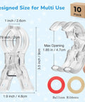 10 Pack Balloon Arch Clips Kit 3.5 Inch Heavy Duty Clear Plastic Spring Clamps showing size and max opening dimensions