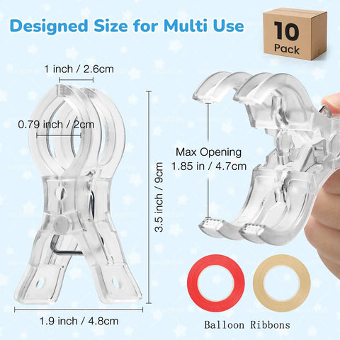 10 Pack Balloon Arch Clips Kit 3.5 Inch Heavy Duty Clear Plastic Spring Clamps showing size and max opening dimensions