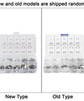 Two packages of E Clip Washer Kit 120 Piece Stainless Steel M1.5 To M10 External Retaining Rings, showing new and old models