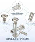 Heavy Duty Binding Screw Posts 20 Pack Slick Nickel Plated Carbon Steel Fasteners With No Flake Durability Built To Last, showing features like Phillips head and knurled design.