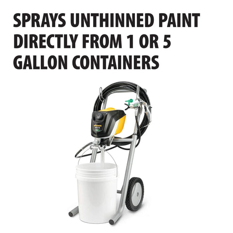 Heavy Duty Mobile Airless Paint Sprayer Cart sprays unthinned paint directly from 1 or 5 gallon containers.
