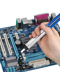 Hand using desoldering pump from 80W All In One Soldering Iron And Soldering Gun Kit With Ceramic Heater 10 In 1 on electronic circuit board