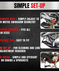 Bike Chain Cleaning And Lubrication Kit with adjustable telescopic rods and overspray bath for easy maintenance setup display.