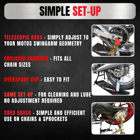 Bike Chain Cleaning And Lubrication Kit with adjustable telescopic rods and overspray bath for easy maintenance setup display.