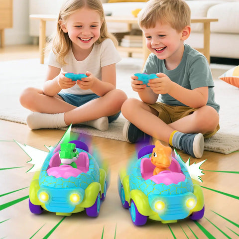 Children playing with Dinosaur Themed Toddler Remote Control Car With Lights And Music Rechargeable RC Vehicle For Ages 2 3 4 indoors.