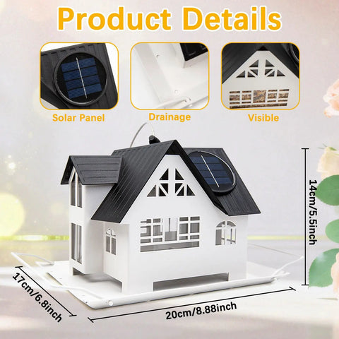 Heavy Duty Metal Outdoor Bird Feeder With Solar Lights, house-shaped design, all-metal, solar panel, 14cm high, white color.
