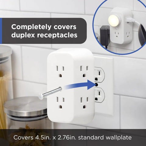 Six Outlet Extender Power Tap 2 Pack Grounded Wall Tap With Spaced Outlets And 3 Prong Splitter Installed on Wall