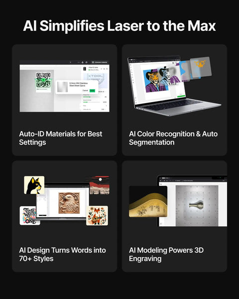 Screenshot of software features for F2 Ultra 60W MOPA Fiber Laser Engraver, including AI design and 3D engraving capabilities.