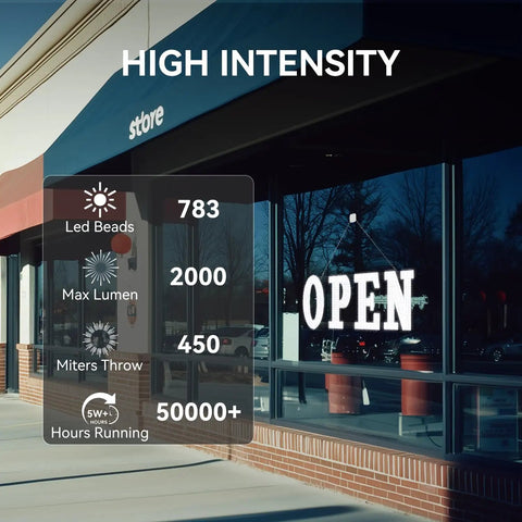40 Inch By 14 Inch LED Open Sign With Remote Control displayed in store window, showing high brightness metrics