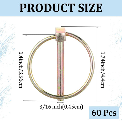 60 Piece Lynch Pin Set With Ring Three Sixteenth Inch Beefy Heavy Duty Trailer Pins with dimensions and size labeled on image.