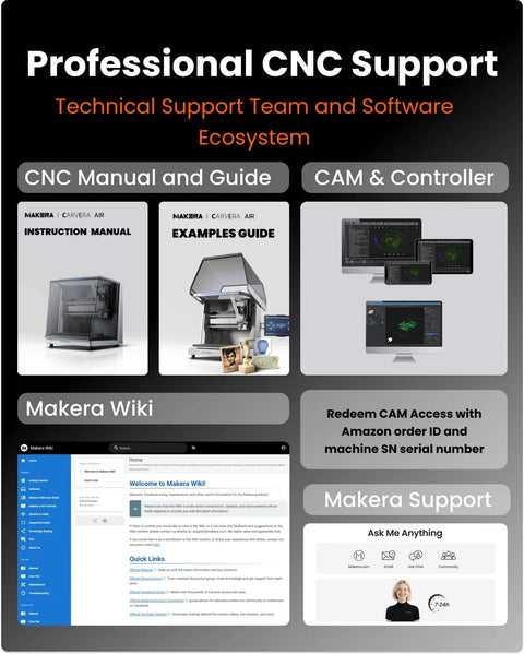 CNC support services with manuals, CAM controller interfaces, Makera Wiki, and customer support for Compact Enclosed Desktop CNC Mill With 4th Axis For Metal And Wood, Quick Tool Change, Closed-Loop Control, Auto Probing And Leveling, Makera CAM Ready, High-Precision DIY Makers Workshop Router.
