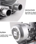 Close-up of Rock Solid 7500W Vortex Blower's inlet and outlet, showcasing aviation aluminum casing and quality motor features.