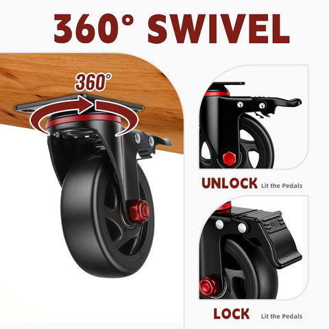 360 degree swivel view of Heavy Duty 4 Inch Caster Wheels With Dual Lock Brakes 2400 Lb Capacity Set Of 4 Non Marking Rubber Tires.