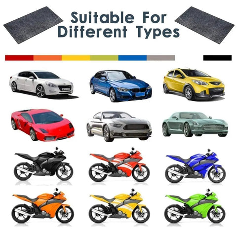 Various vehicles and two Nano Sparkle cloths; Six Pack Nano Sparkle Car Scratch Remover Cloths For Easy Paint Repair And Water Spot Polishing Multi Purpose Nano Magic Cloth Set To Remove Scratches Stains Dirt And Bird Droppings On Auto Finishes
