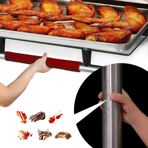 Five Piece Velcro Refrigerator Door Handle Covers In Big Red Easy Adjustments Keeps Your Kitchen Handles Clean shown on appliance handle