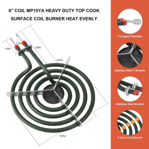 6-inch coil element MP15YA with stainless steel brackets and terminals, part of Electric Range Burner Element Replacement Set For 8-Inch MP21YA And 6-Inch MP15YA Fast Heat Up And Even Cooking Durable Nickel Molybdenum Stainless Steel Coils High-Resistance Heating Easy Install Two Piece Kit For Your Electric Stove.