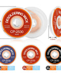 Three Size Copper Desoldering Wick Kit For No Clean Solder Removal 0.08 In 0.10 In 0.12 In Solder Wick Braid 10 Ft Each Pro Grade Tool For PCB Repair And Electronics Projects with spools shown in various sizes.