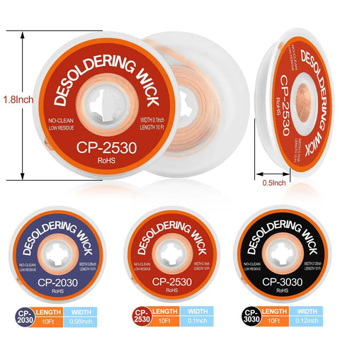 Three Size Copper Desoldering Wick Kit For No Clean Solder Removal 0.08 In 0.10 In 0.12 In Solder Wick Braid 10 Ft Each Pro Grade Tool For PCB Repair And Electronics Projects with spools shown in various sizes.