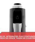 Front view of compact vertical juicer with powerful 400 watt motor, stainless steel cutter, space-saving pulp container, countertop design.