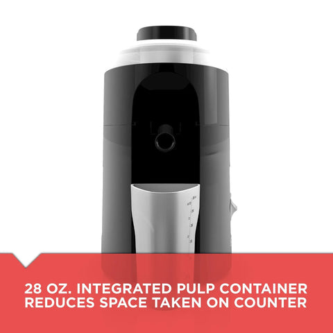 Front view of compact vertical juicer with powerful 400 watt motor, stainless steel cutter, space-saving pulp container, countertop design.
